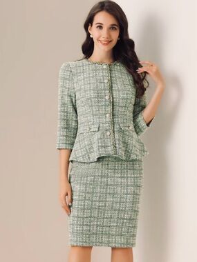 Green Tweed Peplum Pencil Skirt Suit Women's Size L w/ matching Tweed Dress